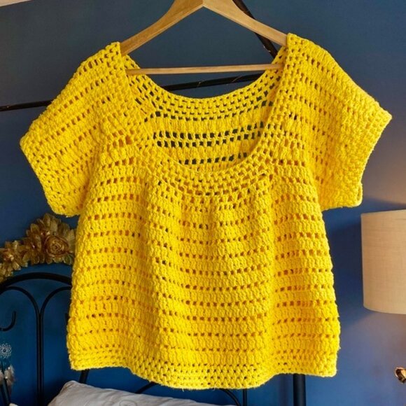 Yellow Handmade Open Knit Crochet Sweater - Picture 6 of 10